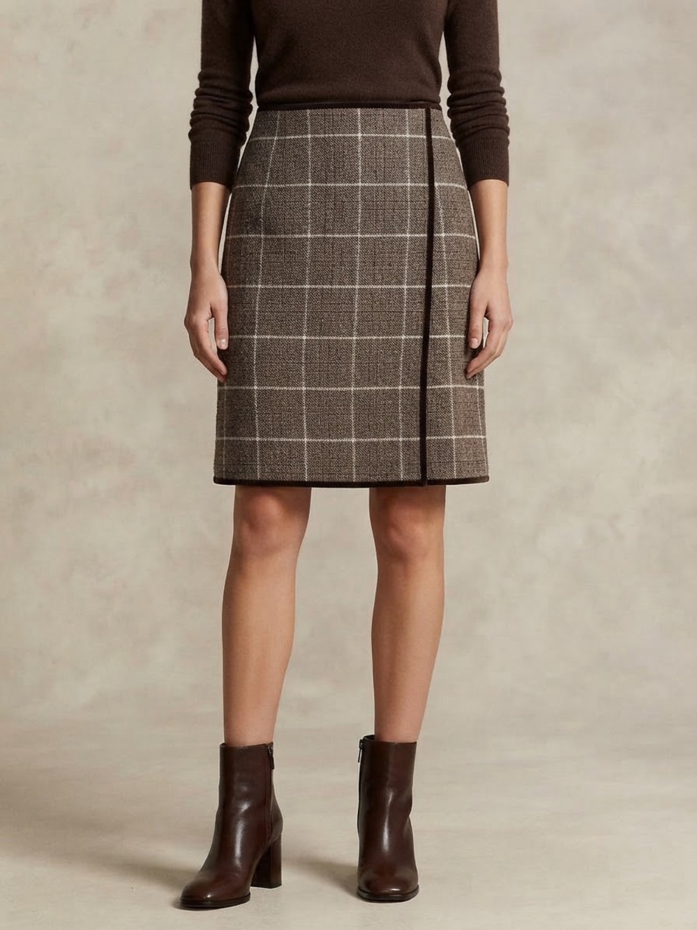 Chadwicks 90s Y2K Classic Brown Windowpane Wool-Blend Pencil Skirt Velvet Trim